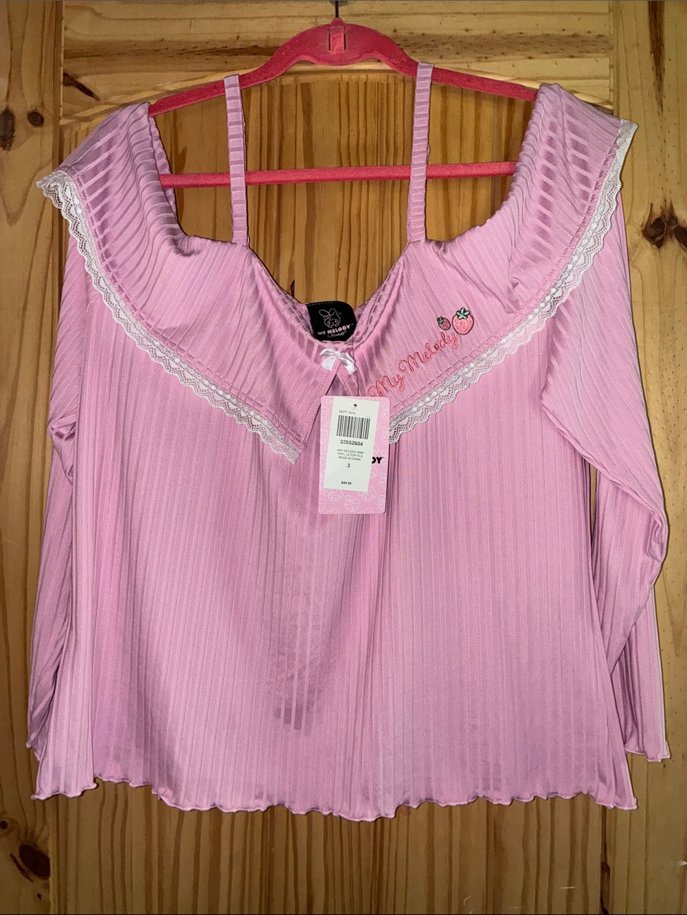 NWT!! My Melody by Sanrio: Pink Ruffled Lace-Trim Top off shoulder long sleeve
